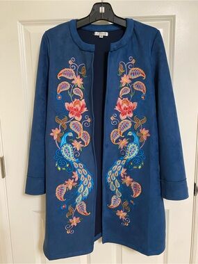 Adore Navy Embroidered Peacock Trench Coat